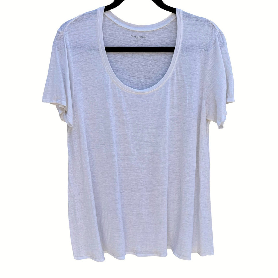 Eileen Fisher Womens L White Slub Knit Scoop Neck Short Sleeve Shirt Minimalist