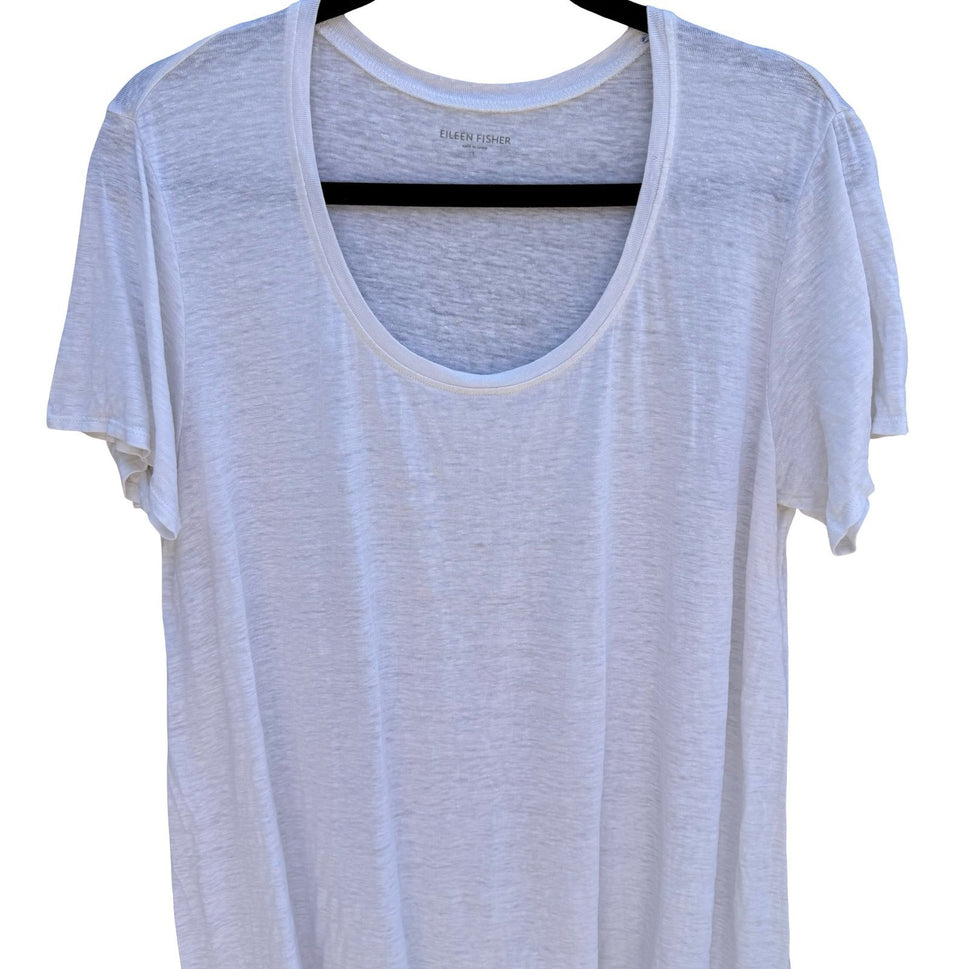 Eileen Fisher Womens L White Slub Knit Scoop Neck Short Sleeve Shirt Minimalist