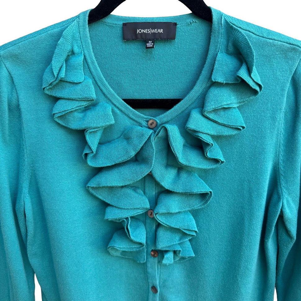 Jones Wear Ruffle V-Neck Feminine Victorian Romantic Preppy Cardigan Sweater M
