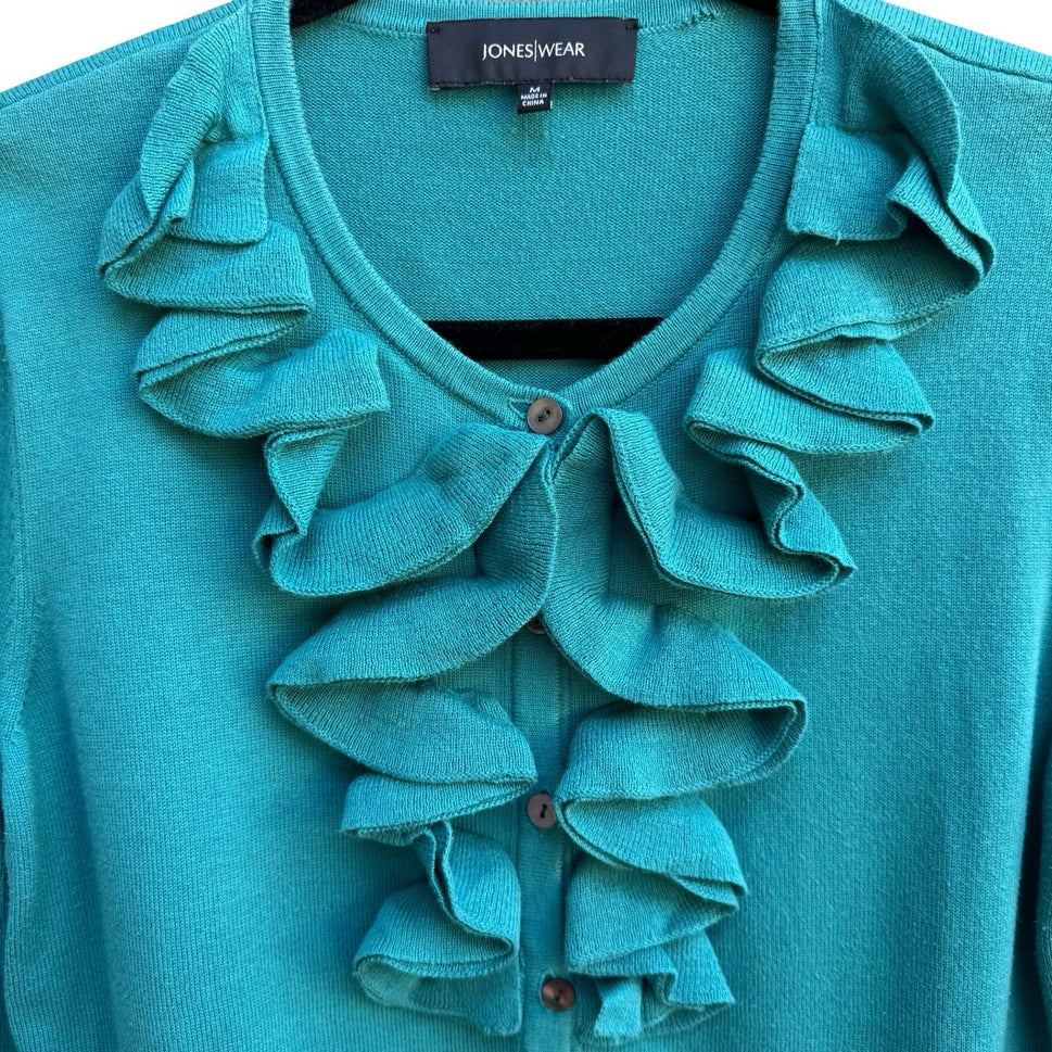 Jones Wear Ruffle V-Neck Feminine Victorian Romantic Preppy Cardigan Sweater M