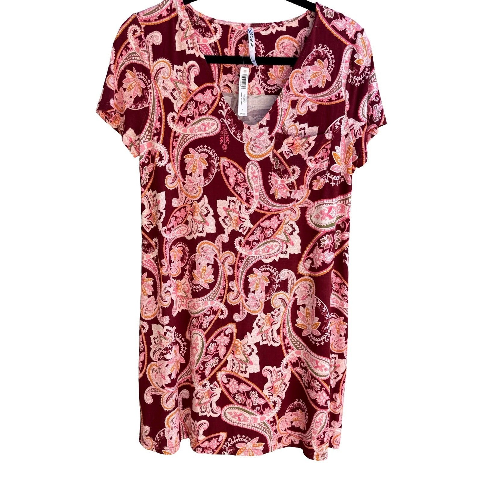 Soma Cool Nights Sleep Shirt Kashmir Paisley Kiss Maroon Pink Boho Relaxed S NEW