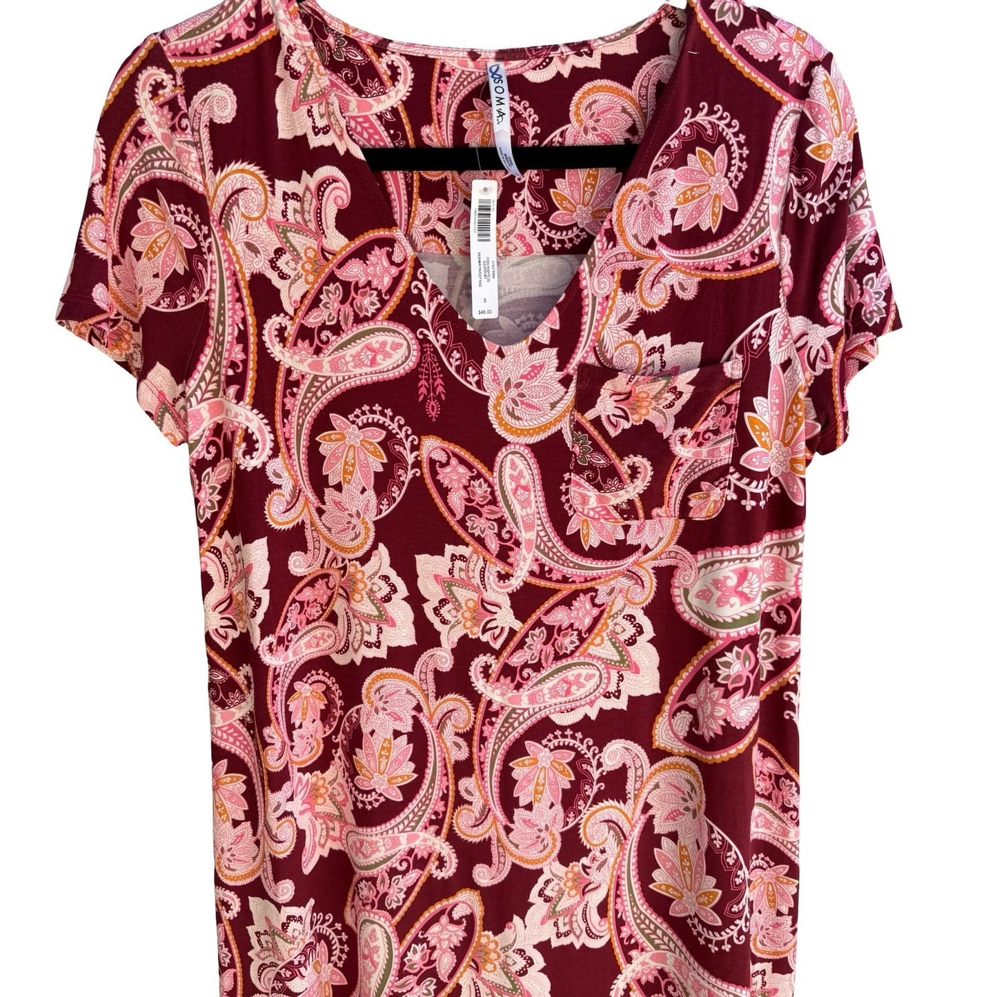 Soma Cool Nights Sleep Shirt Kashmir Paisley Kiss Maroon Pink Boho Relaxed S NEW