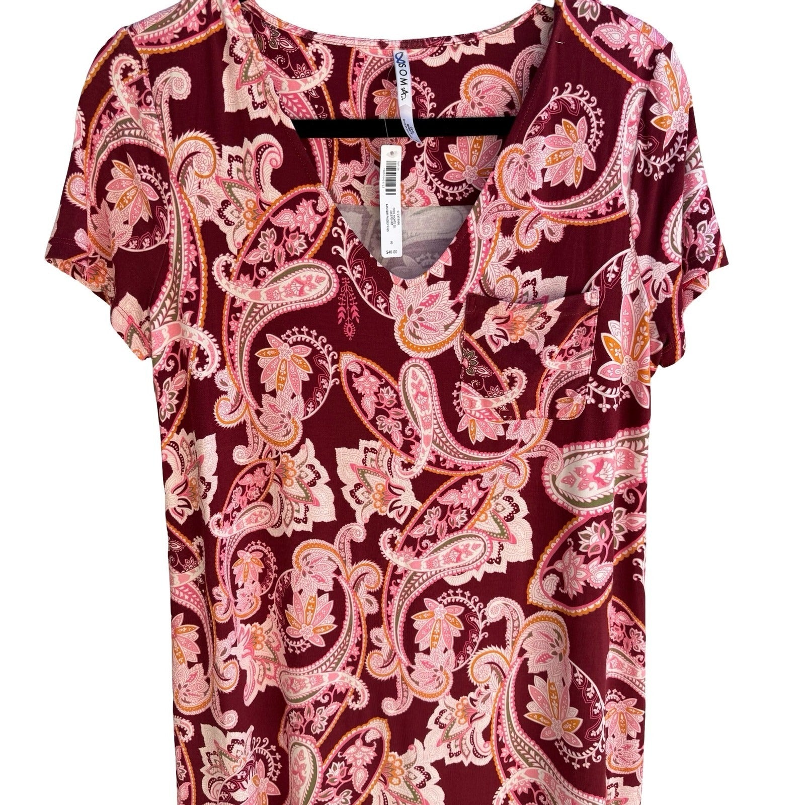 Soma Cool Nights Sleep Shirt Kashmir Paisley Kiss Maroon Pink Boho Relaxed S NEW