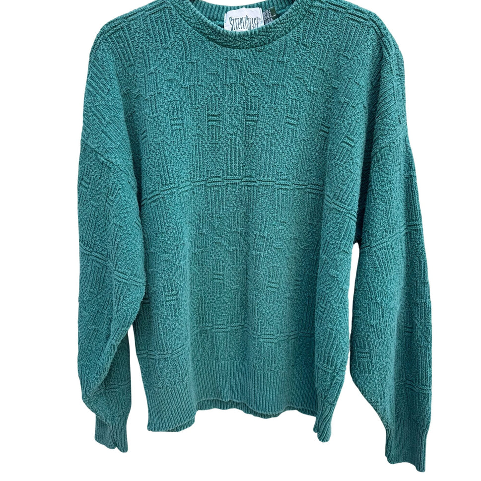 Steeplechase Vintage 80s Mens Green Textured Cotton Crew Neck Grandpa Sweater L