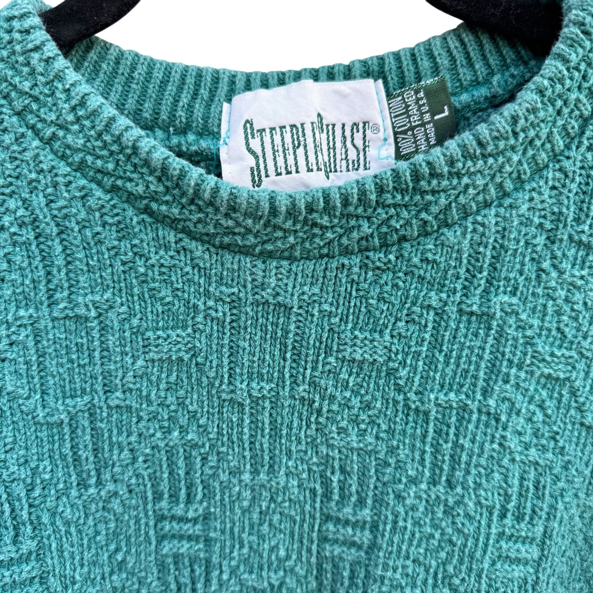 Steeplechase Vintage 80s Mens Green Textured Cotton Crew Neck Grandpa Sweater L