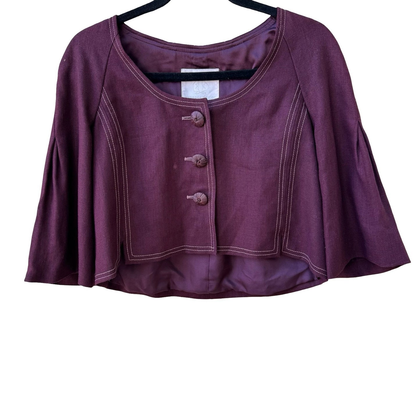 Rebecca Taylor Coquette Quiet Luxury Linen Contrast Stitch Cropped Jacket Plum 2