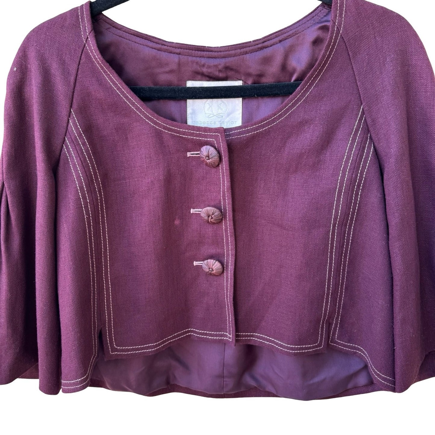 Rebecca Taylor Coquette Quiet Luxury Linen Contrast Stitch Cropped Jacket Plum 2