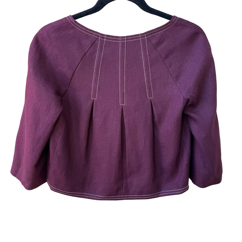 Rebecca Taylor Coquette Quiet Luxury Linen Contrast Stitch Cropped Jacket Plum 2