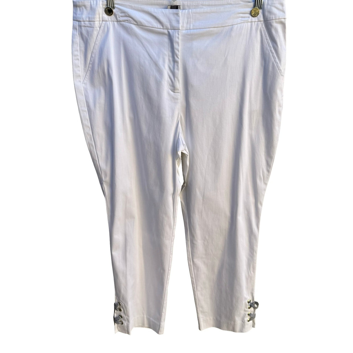 Anne Klein Preppy Coastal Gingham Lace Up Ankle Crop Capri Pants White Womens 14