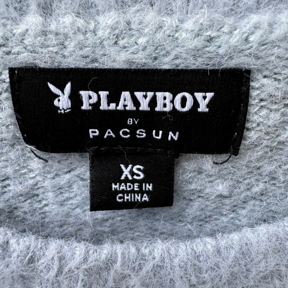 Playboy Y2K Coquette PacSun Fuzzy Eyelash Knit Cropped Sweater Pastel Blue XS