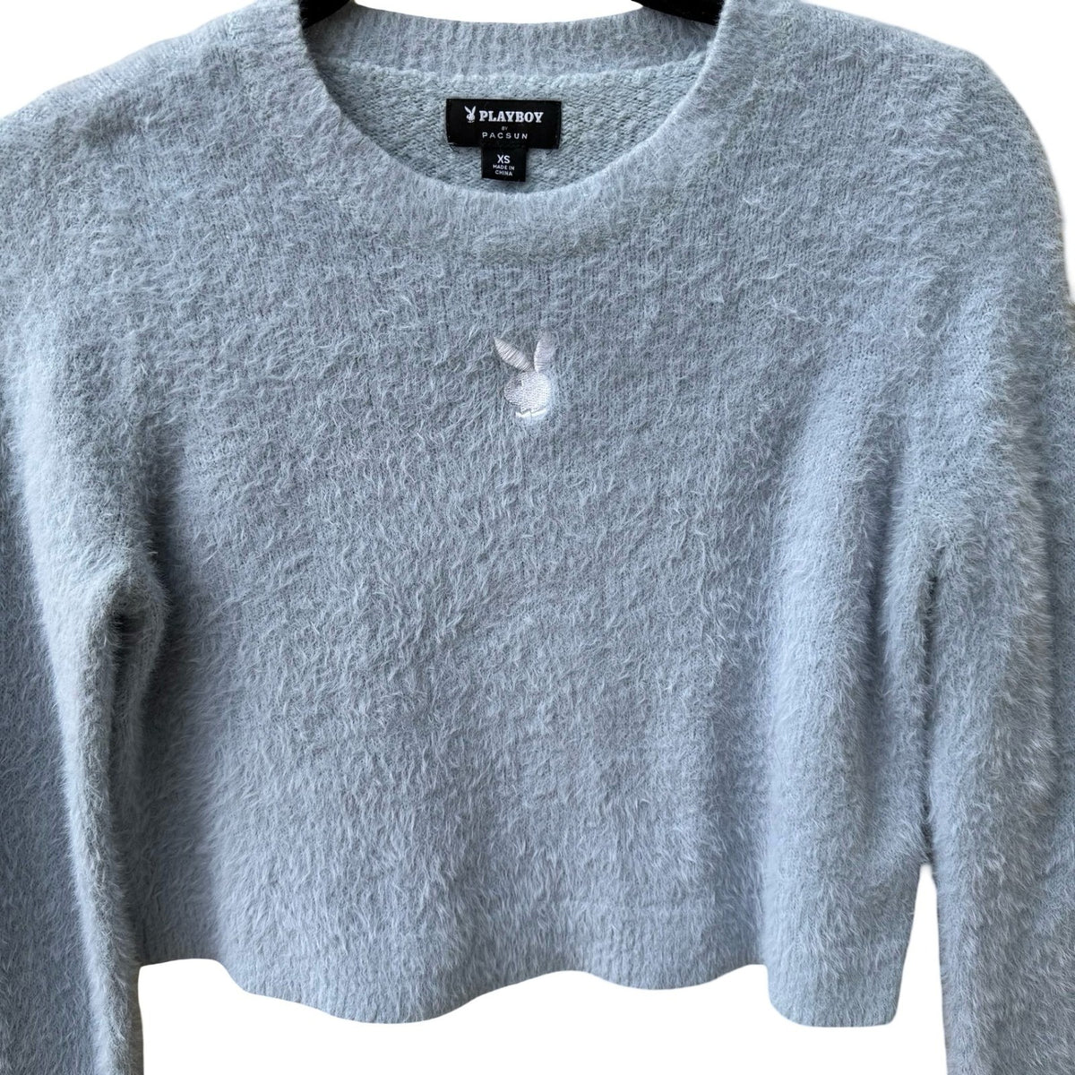Playboy Y2K Coquette PacSun Fuzzy Eyelash Knit Cropped Sweater Pastel Blue XS