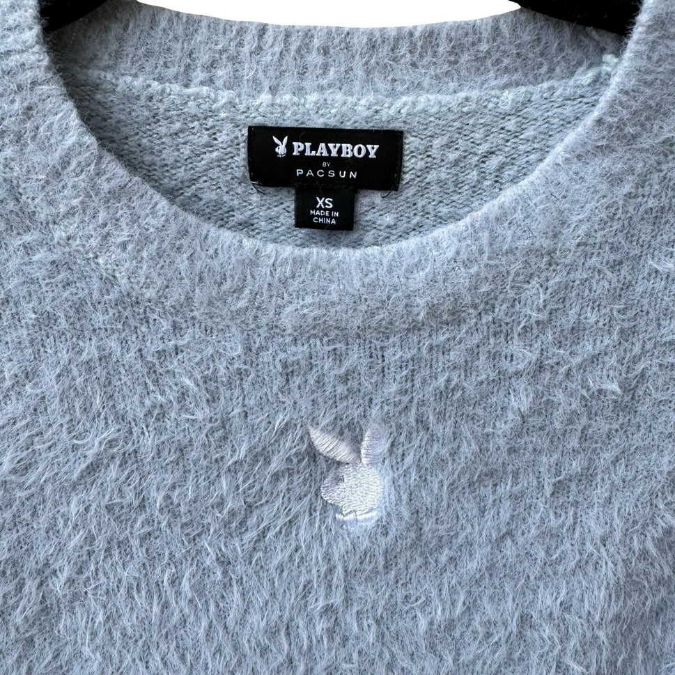 Playboy Y2K Coquette PacSun Fuzzy Eyelash Knit Cropped Sweater Pastel Blue XS