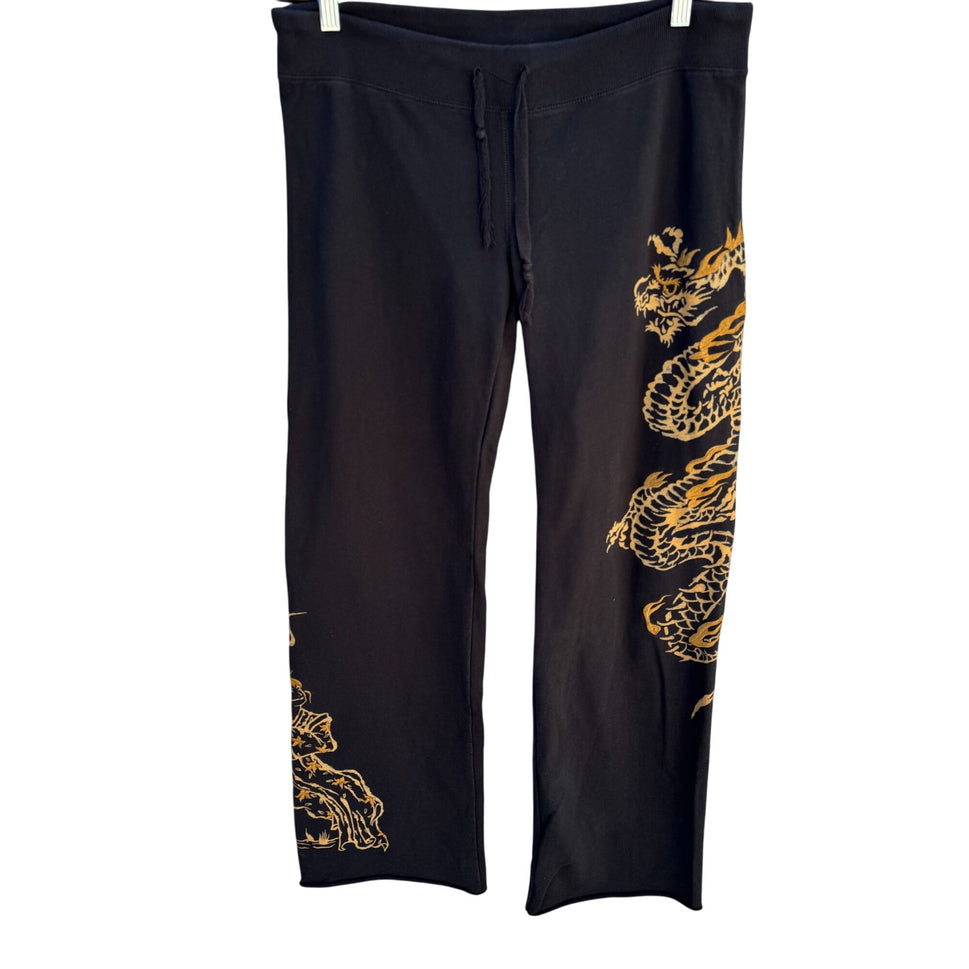 Lucky Brand Vintage Y2K Black Gold Embroidered Dragon Geisha Fleece Tattoo Pants