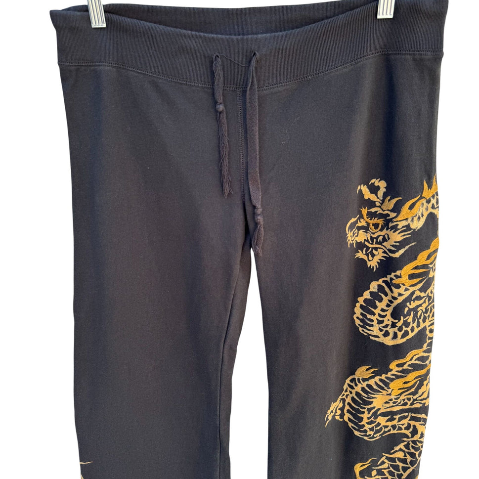 Lucky Brand Vintage Y2K Black Gold Embroidered Dragon Geisha Fleece Tattoo Pants