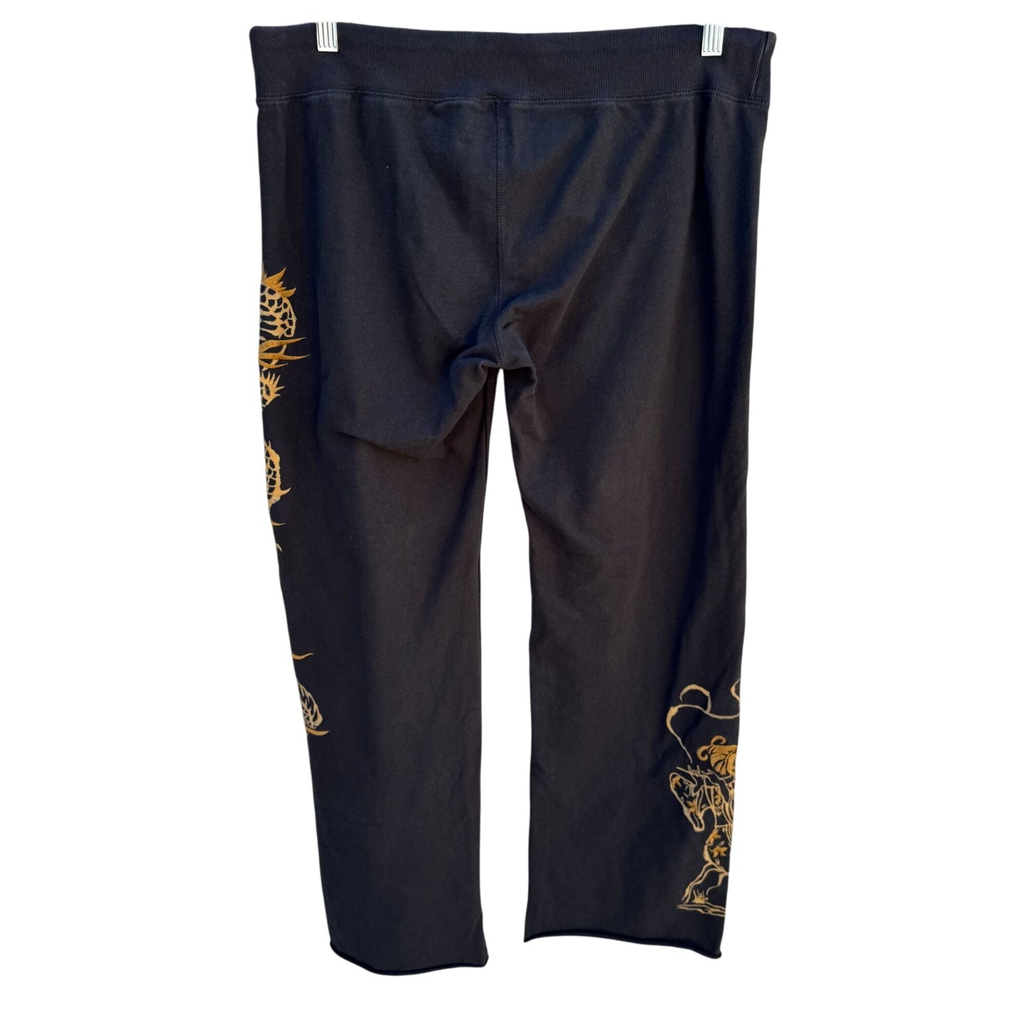 Lucky Brand Vintage Y2K Black Gold Embroidered Dragon Geisha Fleece Tattoo Pants