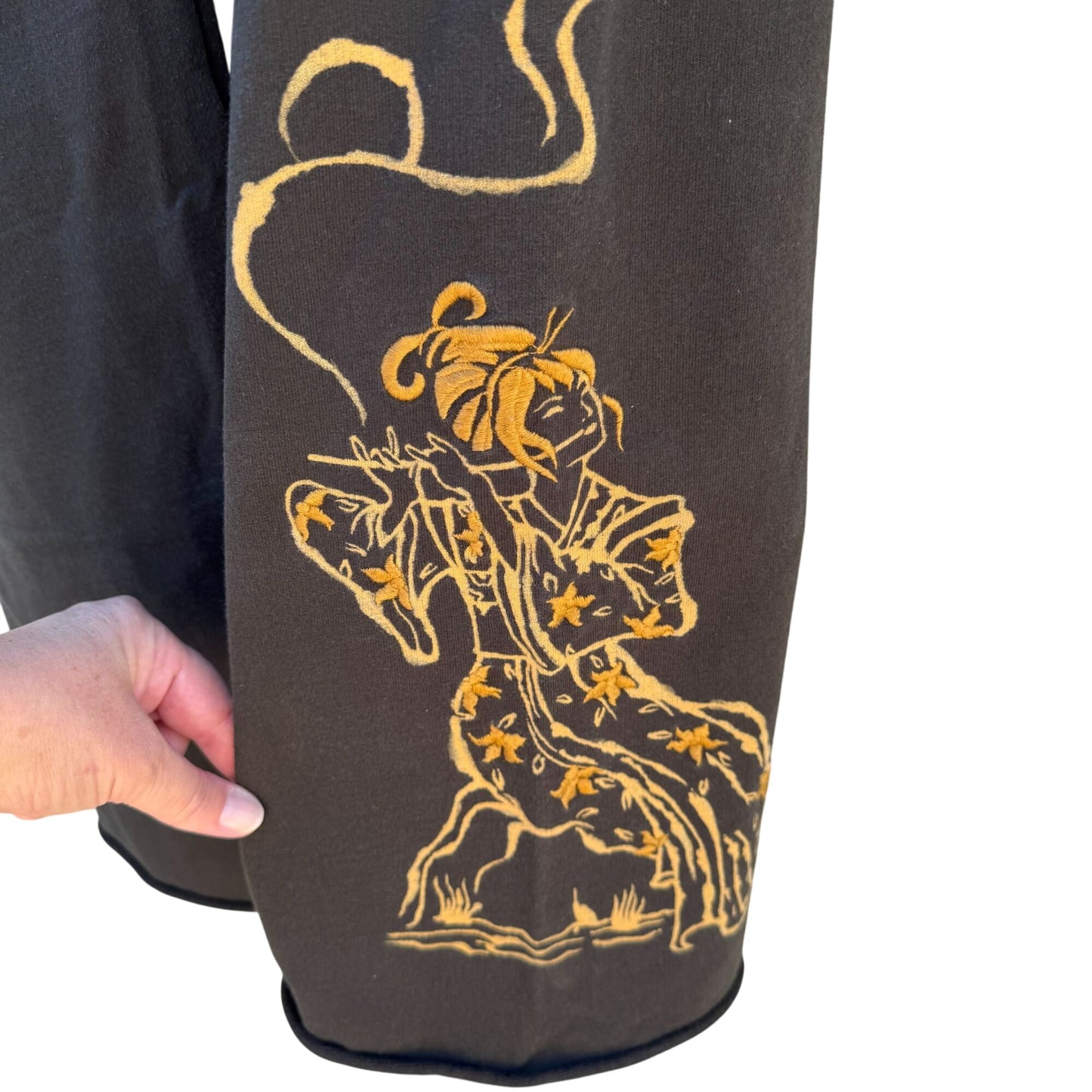 Lucky Brand Vintage Y2K Black Gold Embroidered Dragon Geisha Fleece Tattoo Pants