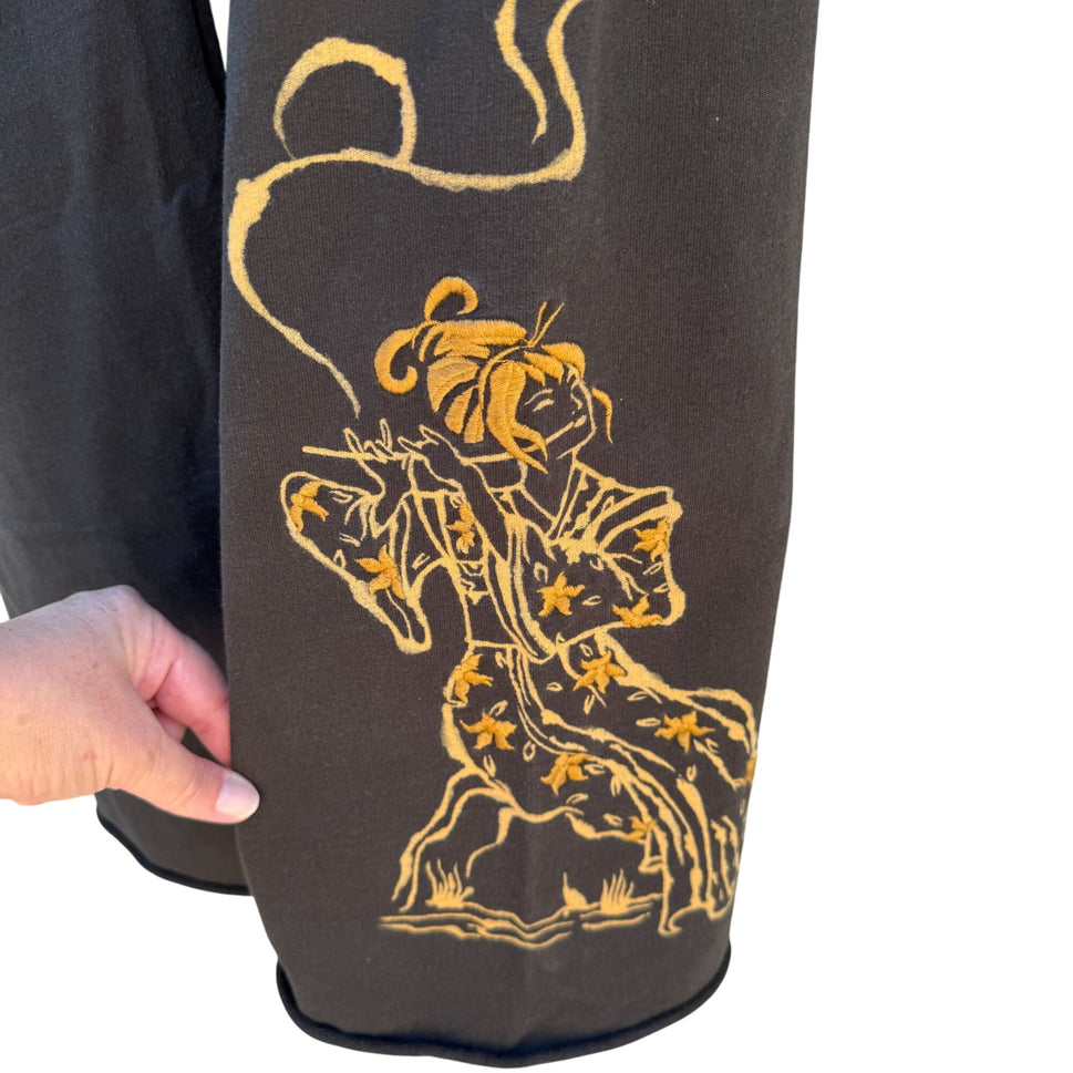 Lucky Brand Vintage Y2K Black Gold Embroidered Dragon Geisha Fleece Tattoo Pants