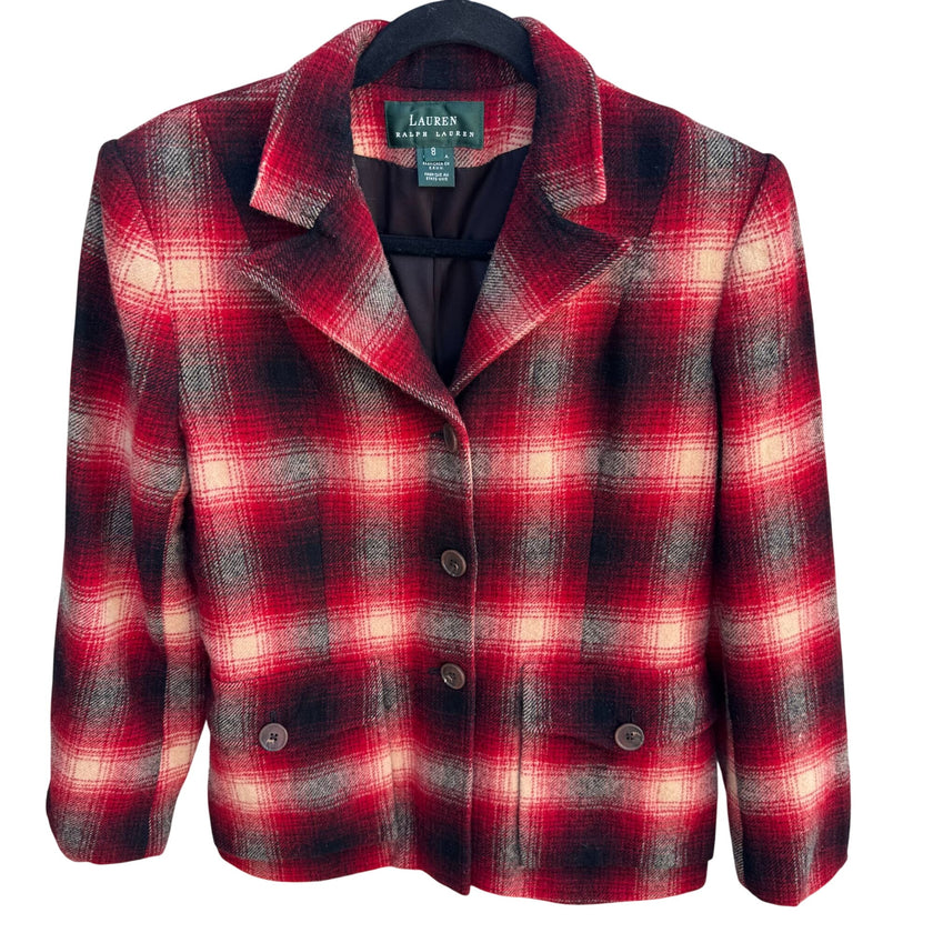 Lauren Ralph Lauren Vintage 90s Womens Red Plaid Wool Blazer Jacket 8 Western