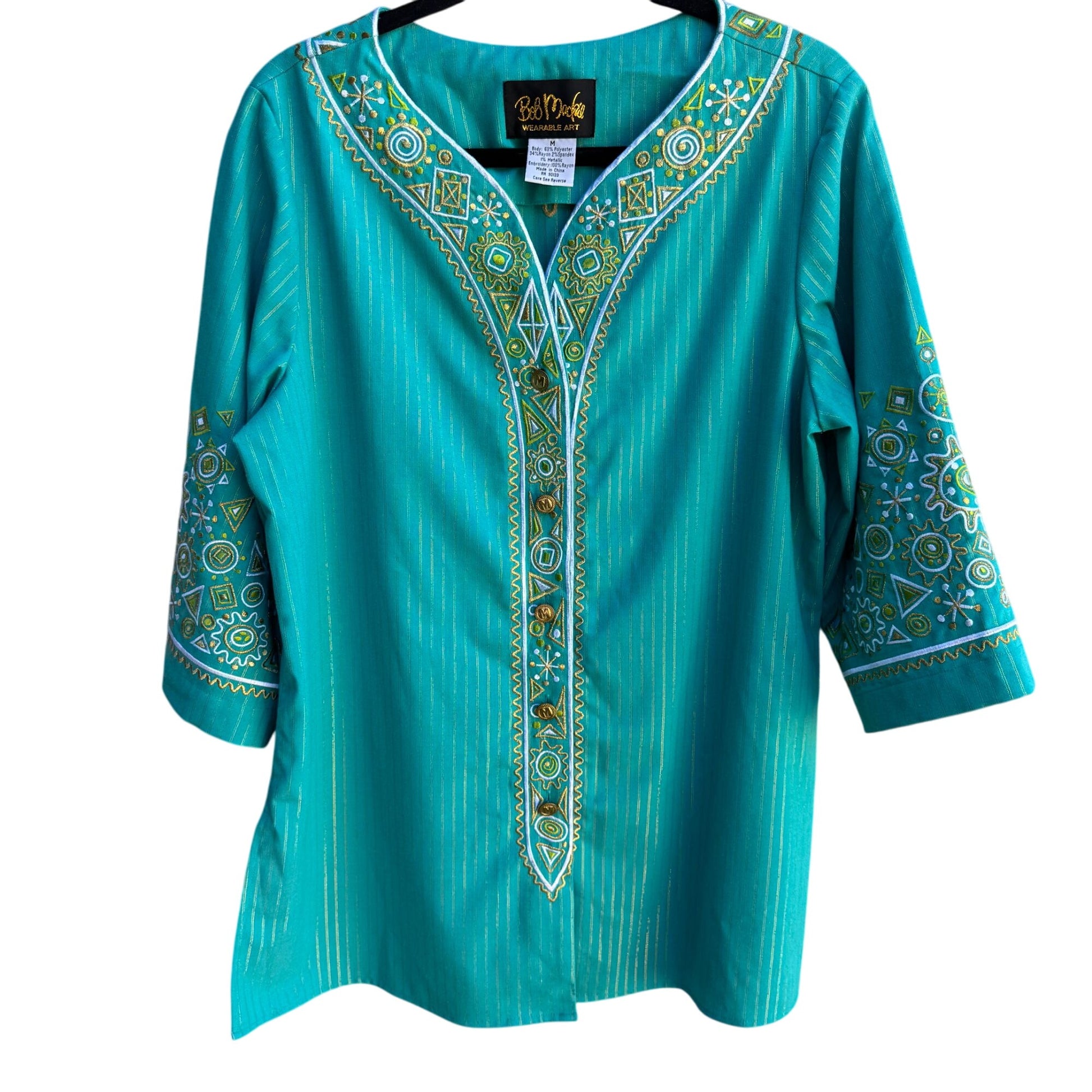 Bob Mackie Wearable Art Vintage Green Gold Striped Embroidered Tunic Blouse M
