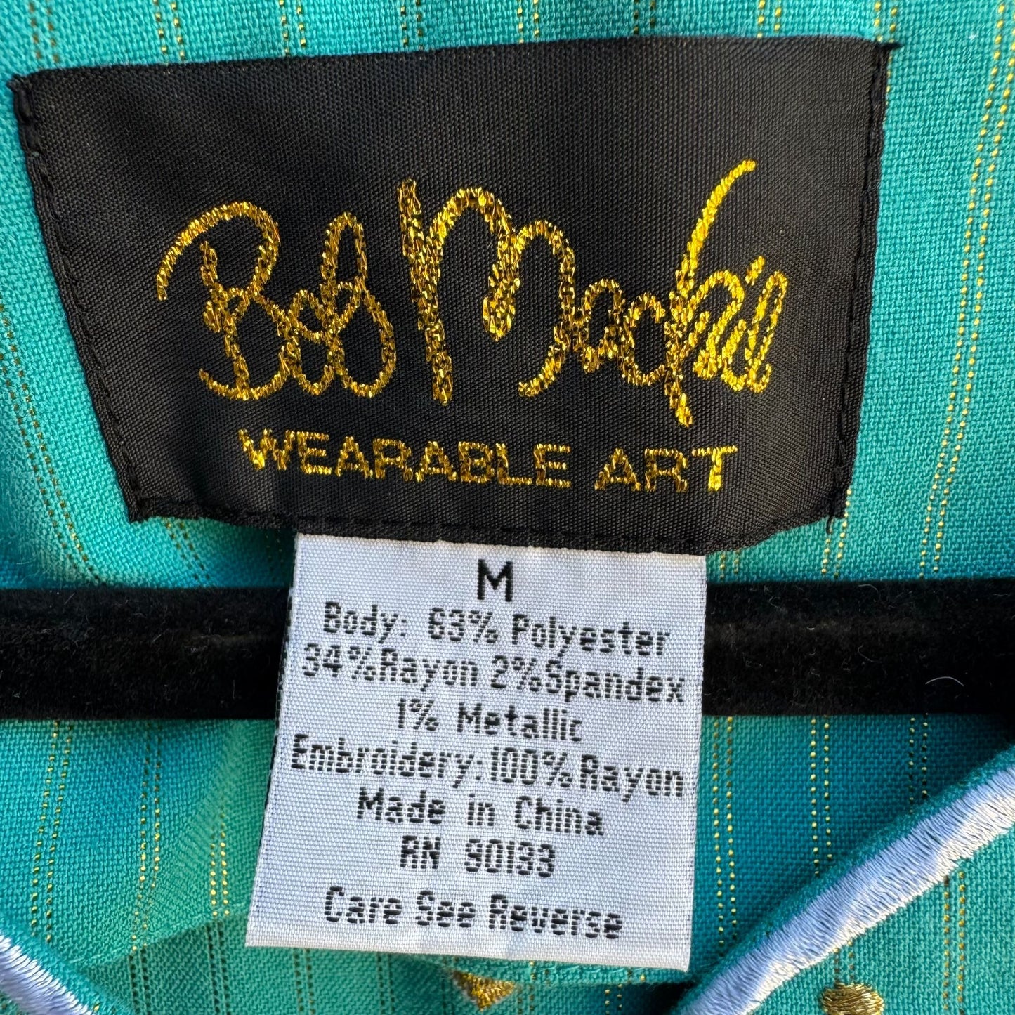 Bob Mackie Wearable Art Vintage Green Gold Striped Embroidered Tunic Blouse M