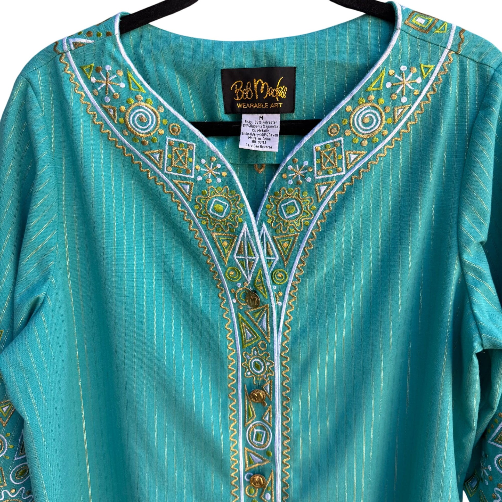 Bob Mackie Wearable Art Vintage Green Gold Striped Embroidered Tunic Blouse M