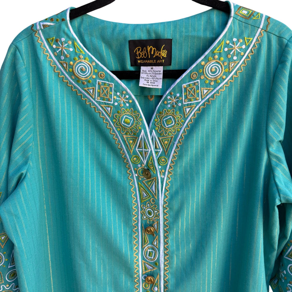 Bob Mackie Wearable Art Vintage Green Gold Striped Embroidered Tunic Blouse M