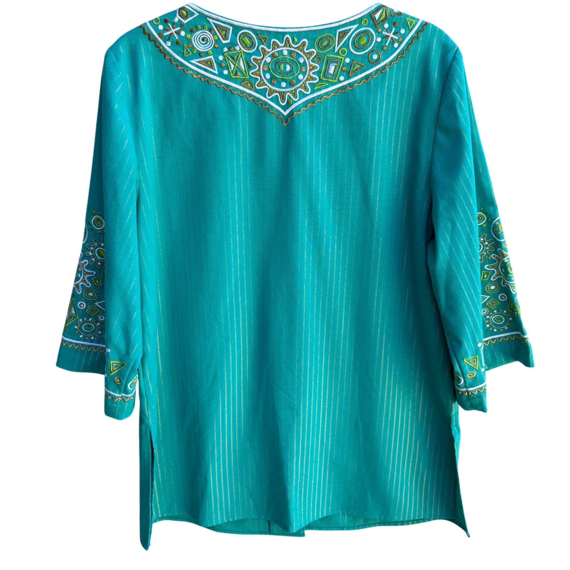 Bob Mackie Wearable Art Vintage Green Gold Striped Embroidered Tunic Blouse M