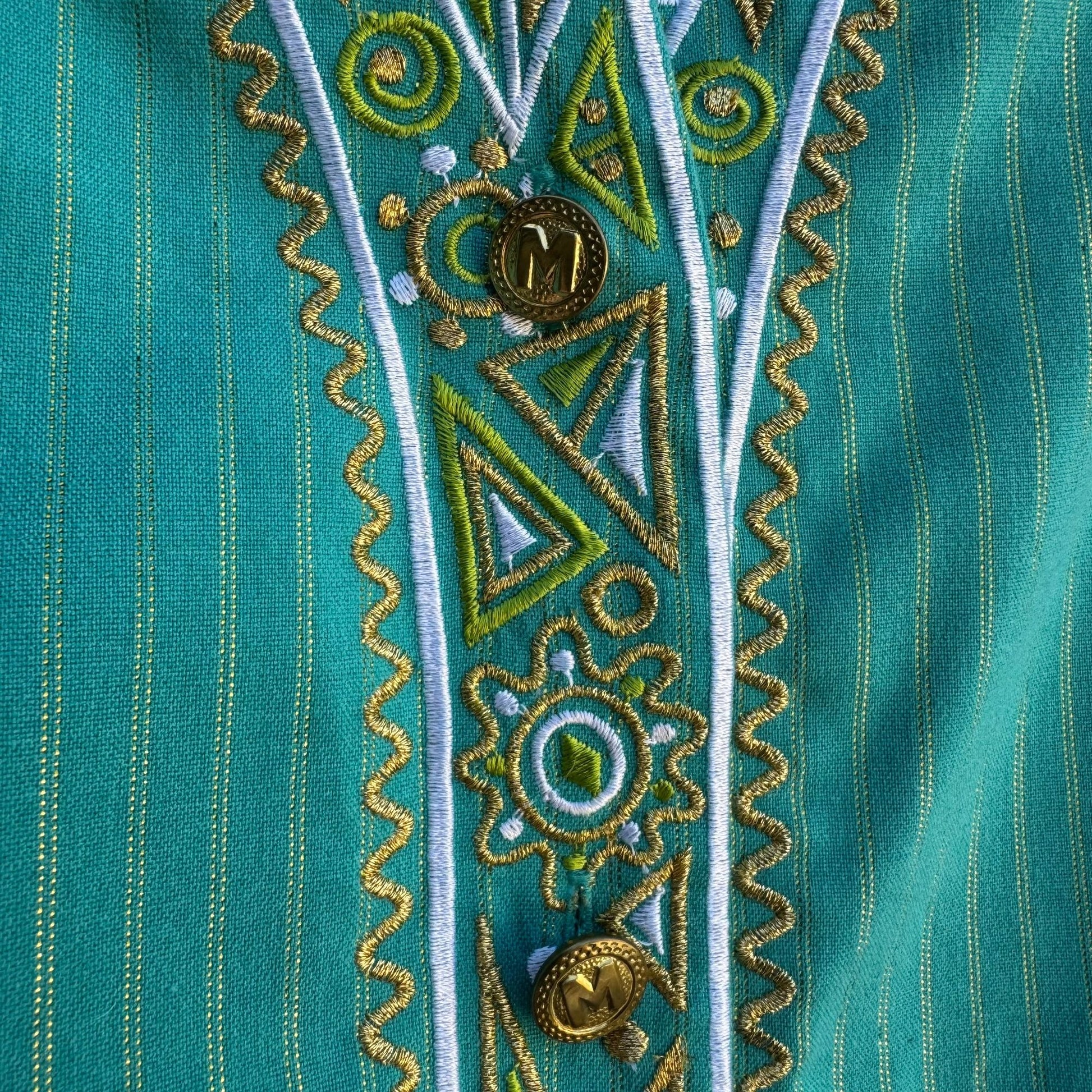 Bob Mackie Wearable Art Vintage Green Gold Striped Embroidered Tunic Blouse M