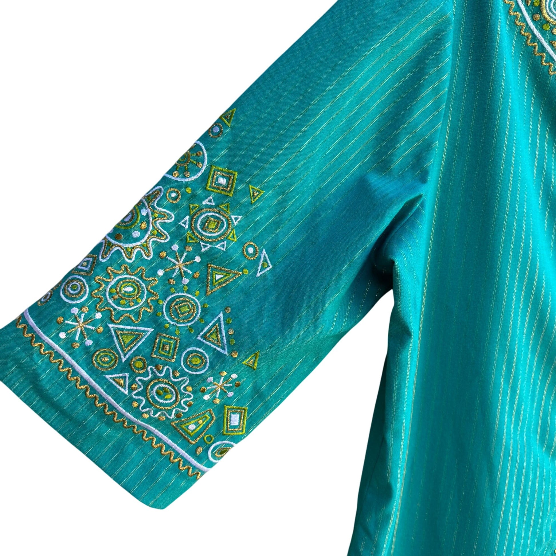 Bob Mackie Wearable Art Vintage Green Gold Striped Embroidered Tunic Blouse M