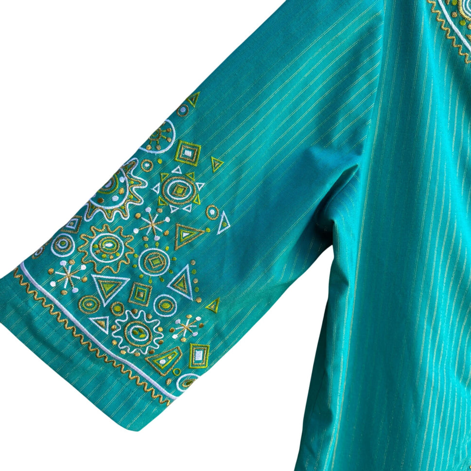 Bob Mackie Wearable Art Vintage Green Gold Striped Embroidered Tunic Blouse M