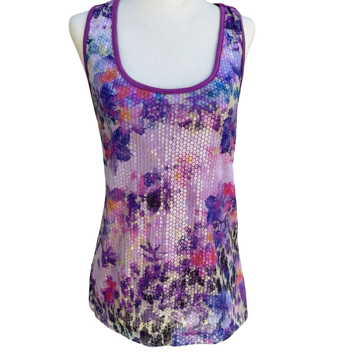 No Boundaries Y2K Glam Purple Jazz Sequin Art To Wear Tank Top Floral Womens M