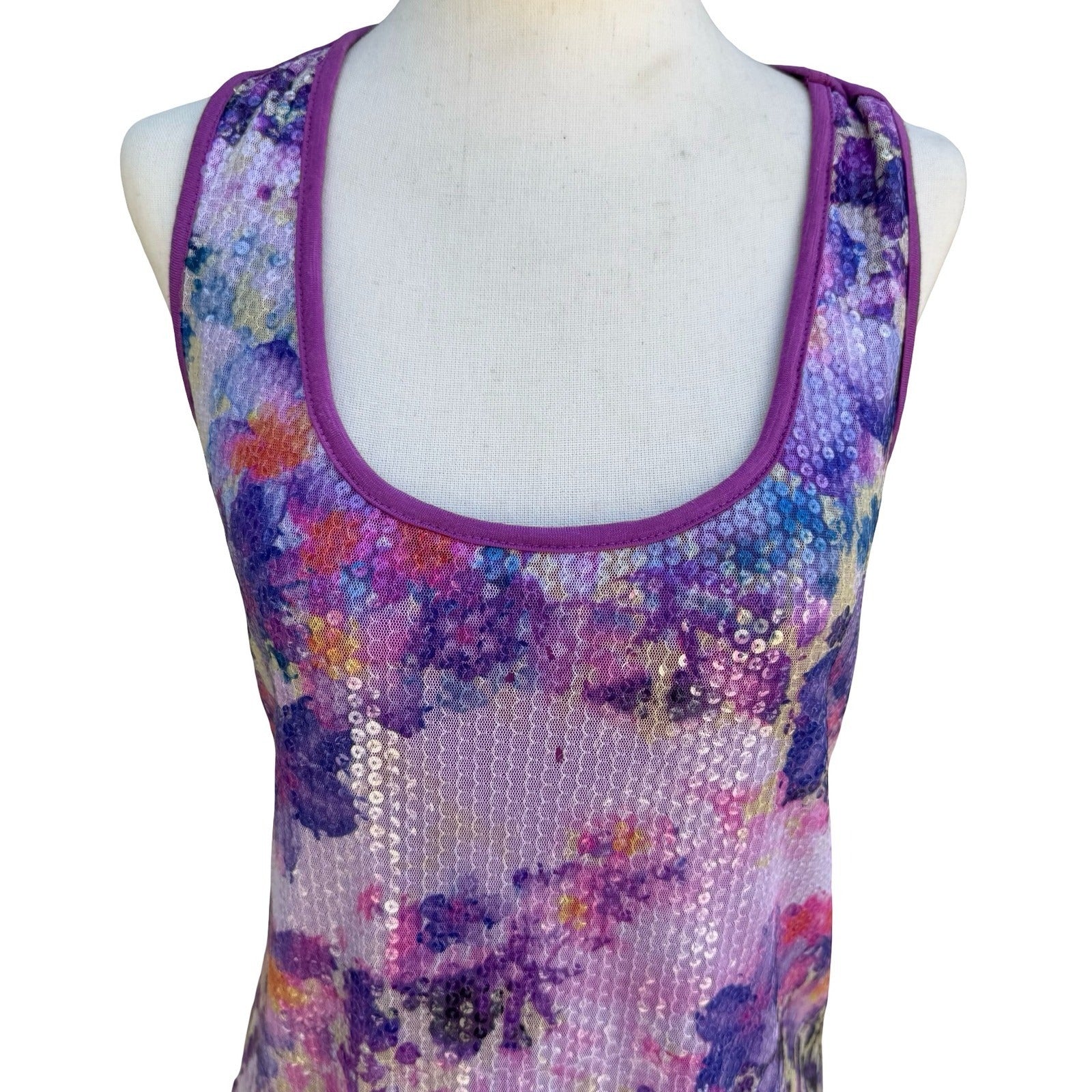 No Boundaries Y2K Glam Purple Jazz Sequin Art To Wear Tank Top Floral Womens M