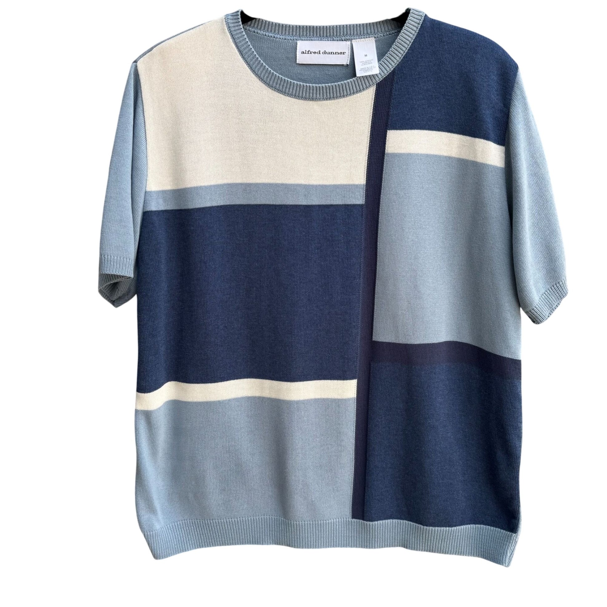 Alfred Dunner Vintage Womens Short Sleeve Blue Colorblock Knit Granny Sweater M