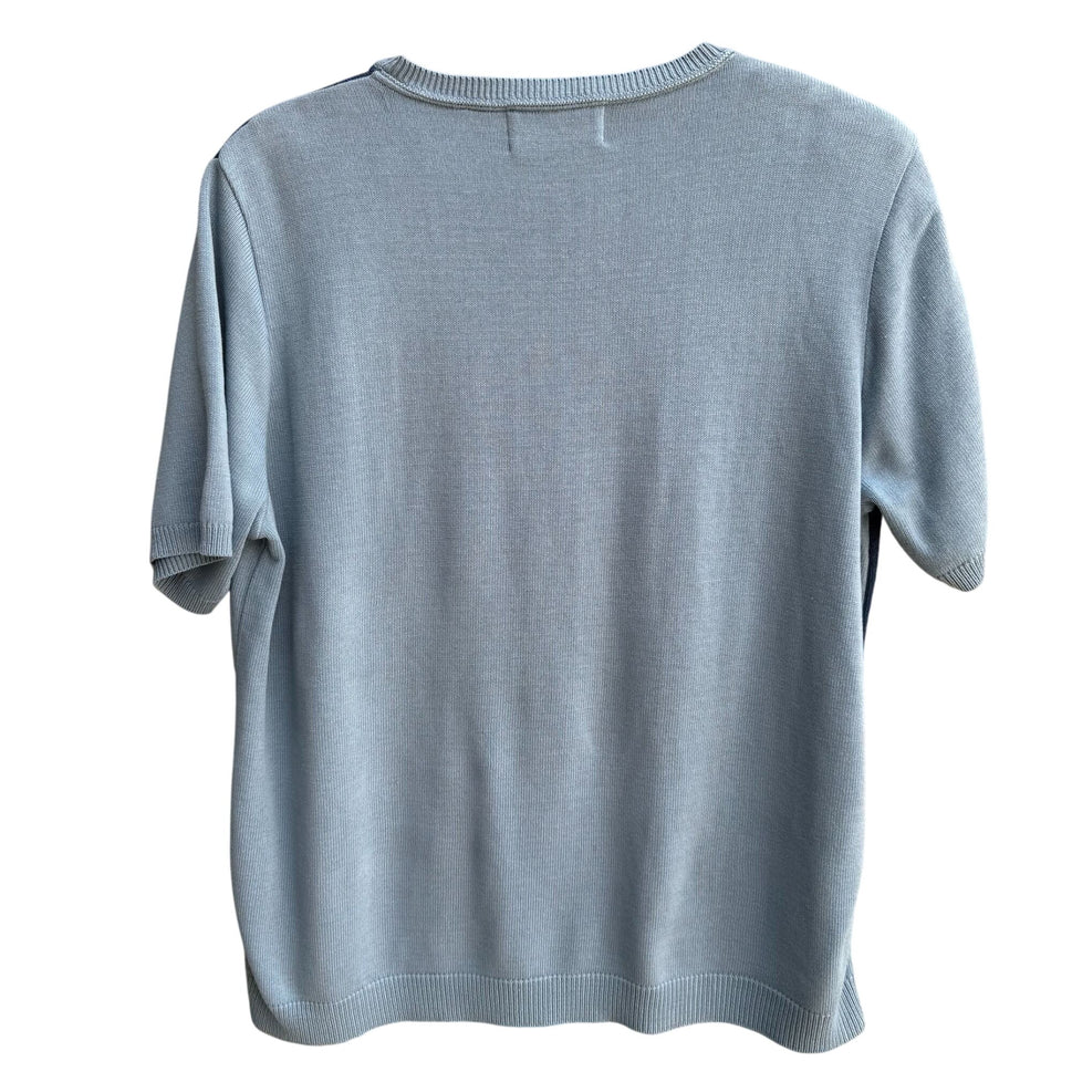 Alfred Dunner Vintage Womens Short Sleeve Blue Colorblock Knit Granny Sweater M