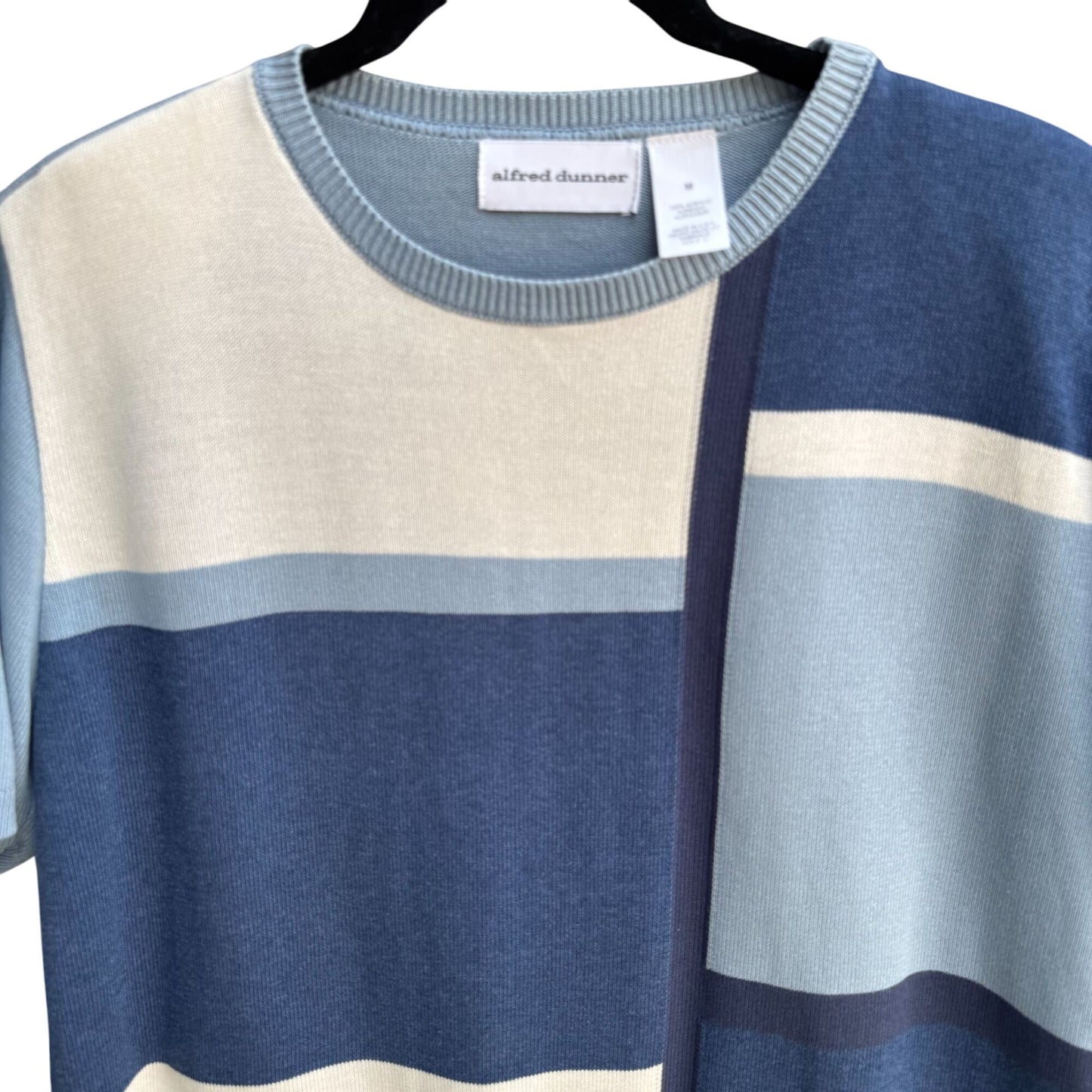 Alfred Dunner Vintage Womens Short Sleeve Blue Colorblock Knit Granny Sweater M