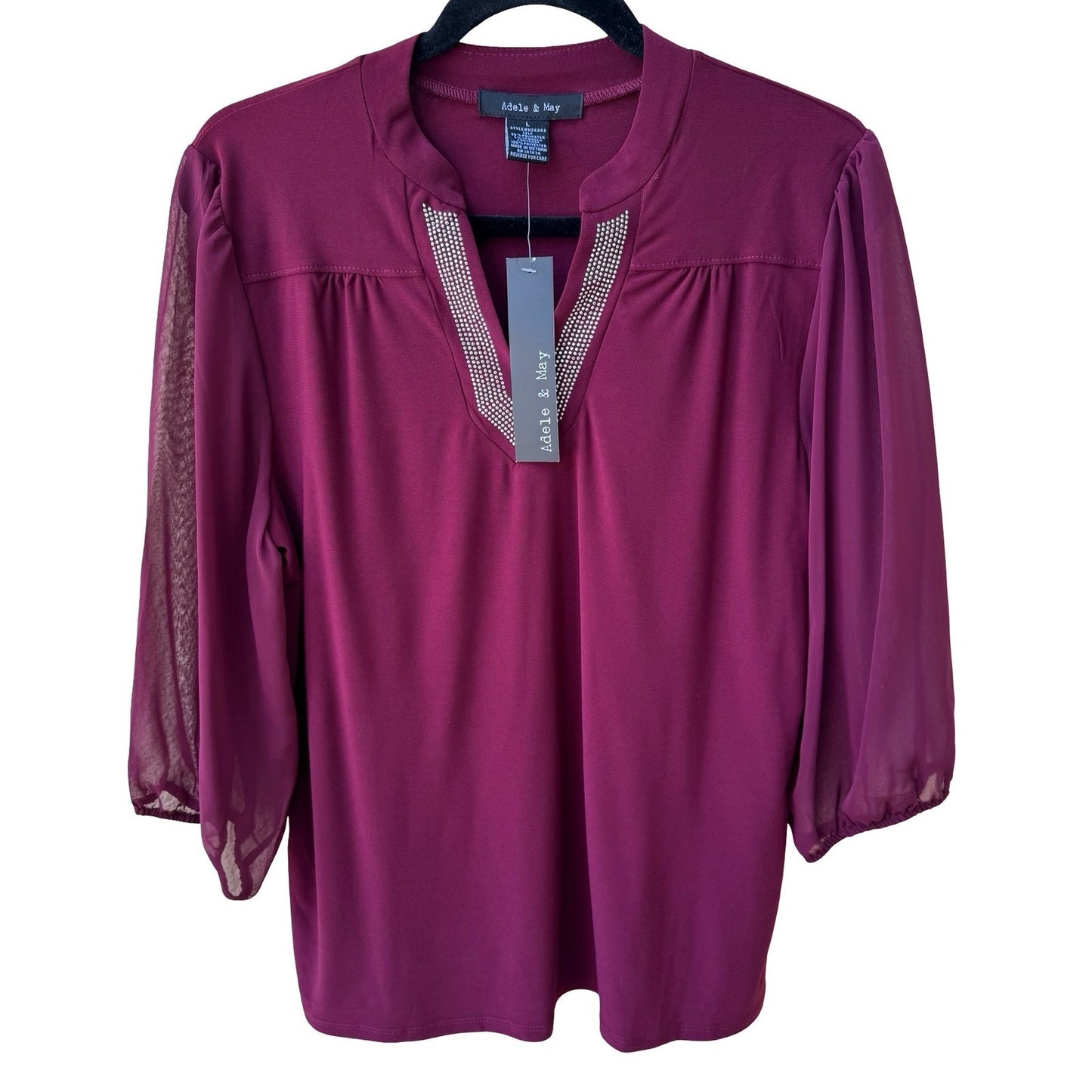 Adele & May Glam Bling Evening Rhinestone Split Neck Sheer Sleeve Blouse L NEW