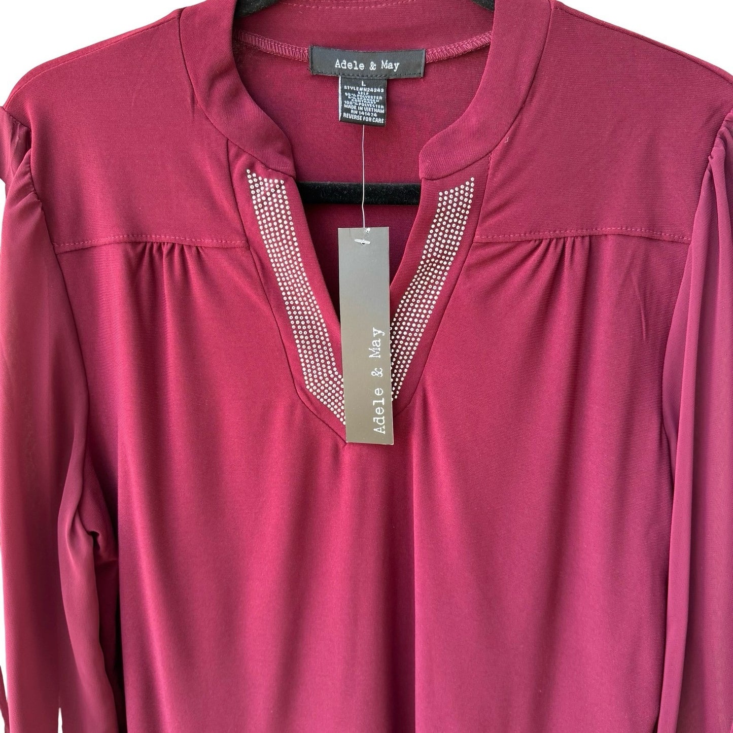 Adele & May Glam Bling Evening Rhinestone Split Neck Sheer Sleeve Blouse L NEW