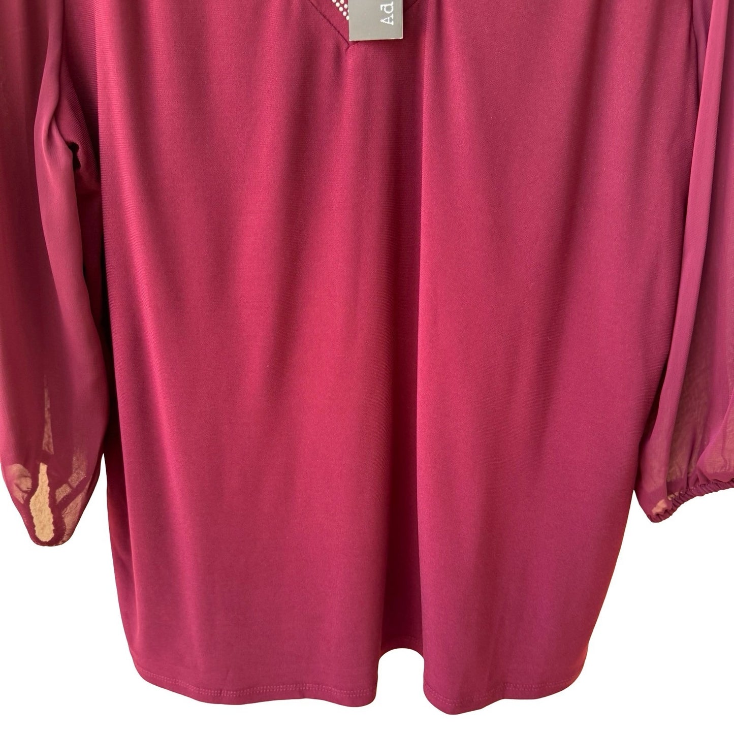 Adele & May Glam Bling Evening Rhinestone Split Neck Sheer Sleeve Blouse L NEW