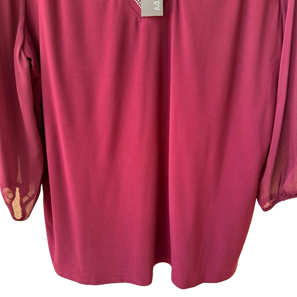 Adele & May Glam Bling Evening Rhinestone Split Neck Sheer Sleeve Blouse L NEW