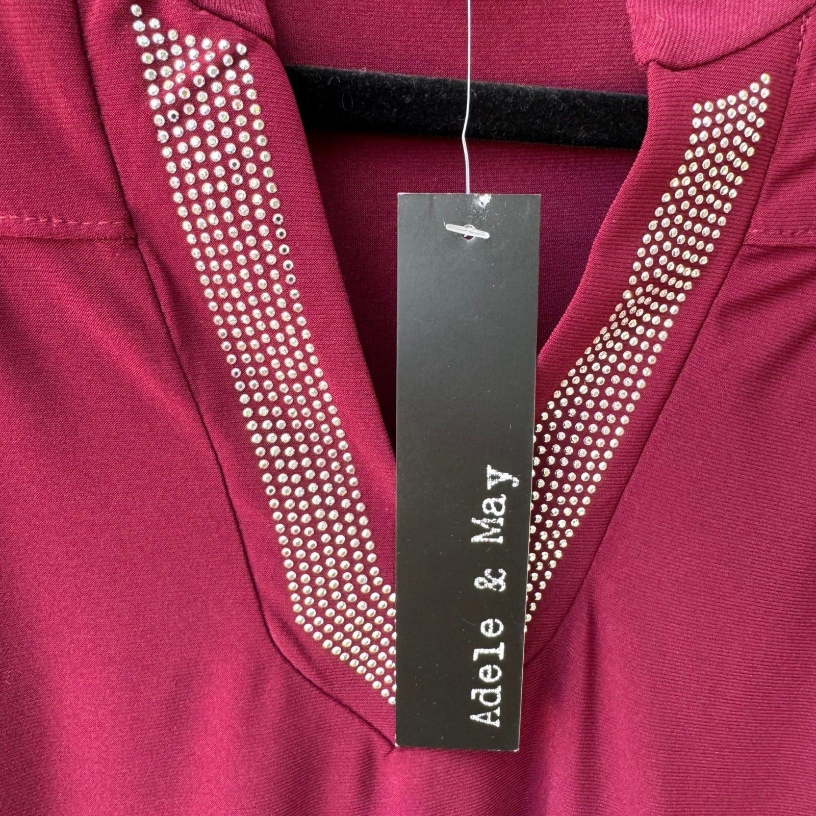 Adele & May Glam Bling Evening Rhinestone Split Neck Sheer Sleeve Blouse L NEW