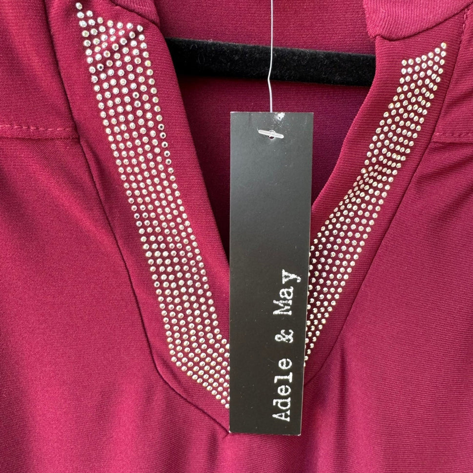 Adele & May Glam Bling Evening Rhinestone Split Neck Sheer Sleeve Blouse L NEW