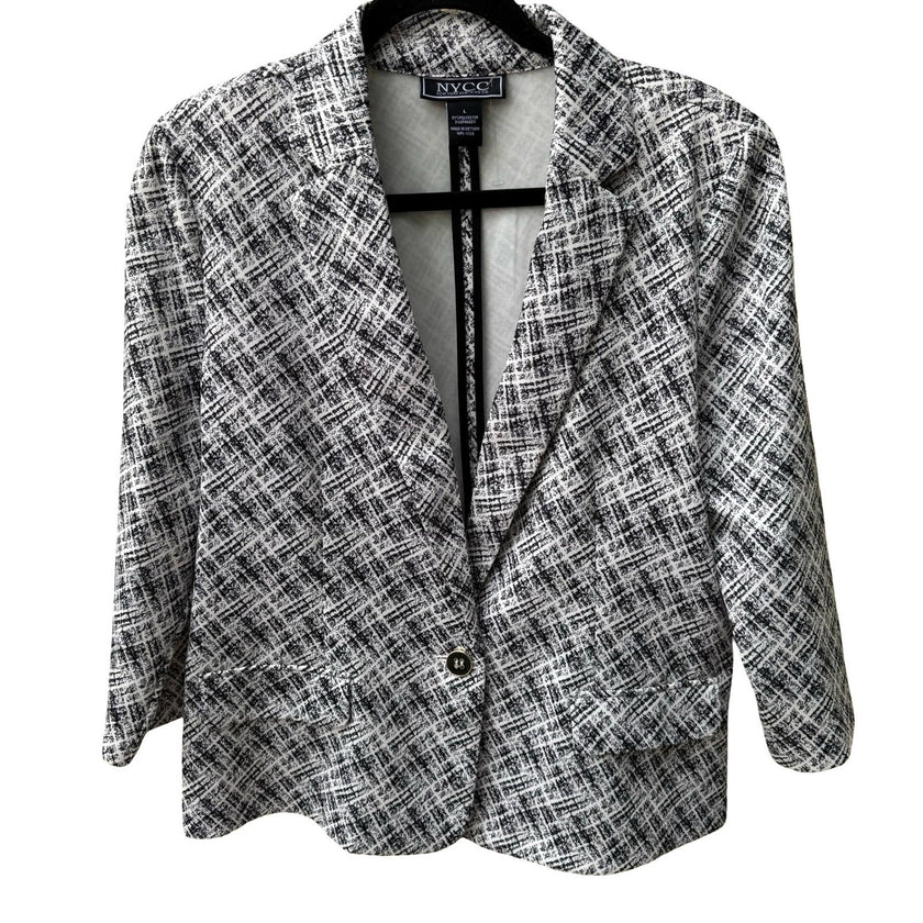 NYCC Minimalist Careerwear Chic Abstract Print Stretch Blazer Jacket Black L NEW
