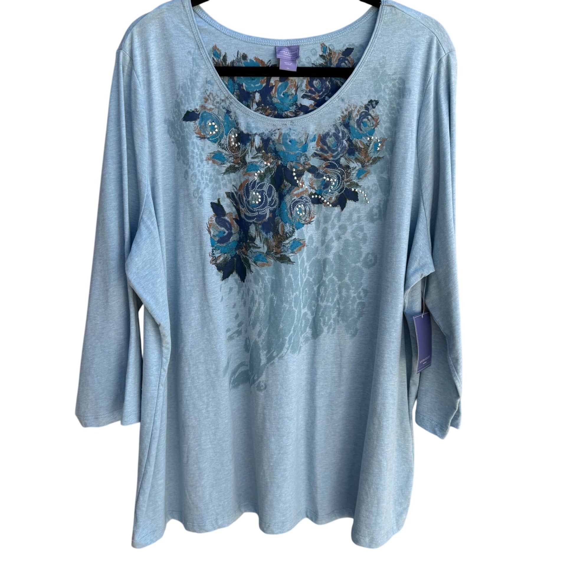 Laura Scott Womens Light Blue Floral Embellished 3/4 Sleeve Tunic Blouse New 2X