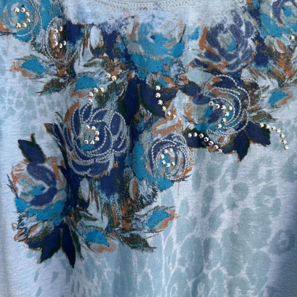 Laura Scott Womens Light Blue Floral Embellished 3/4 Sleeve Tunic Blouse New 2X