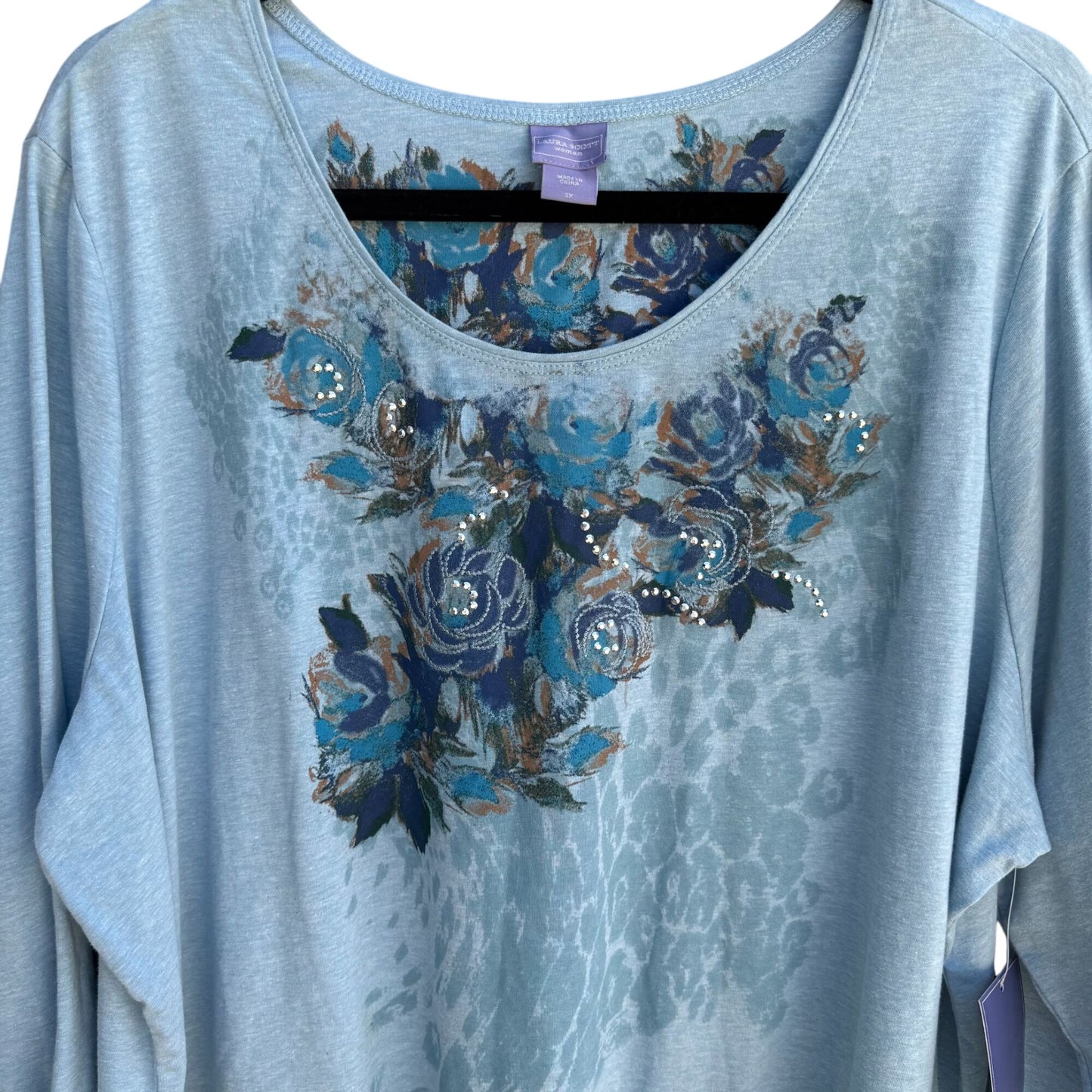 Laura Scott Womens Light Blue Floral Embellished 3/4 Sleeve Tunic Blouse New 2X
