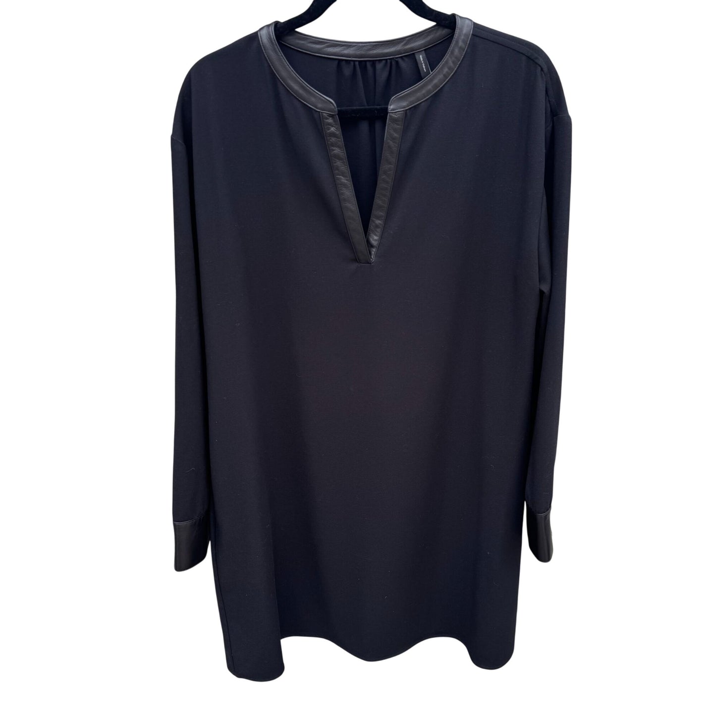 Theory Black Long-Sleeve Popover Dress Lambskin Leather Trim Minimalist Glam XL