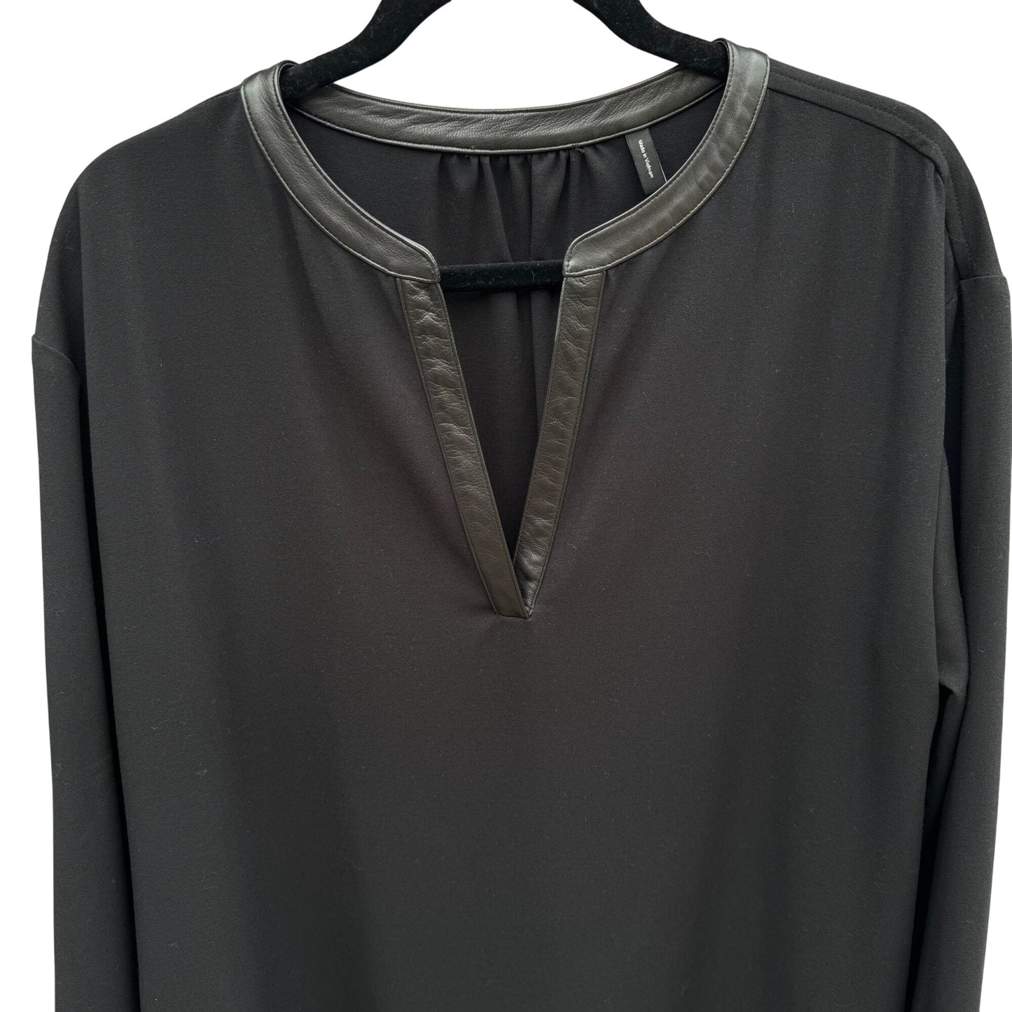 Theory Black Long-Sleeve Popover Dress Lambskin Leather Trim Minimalist Glam XL