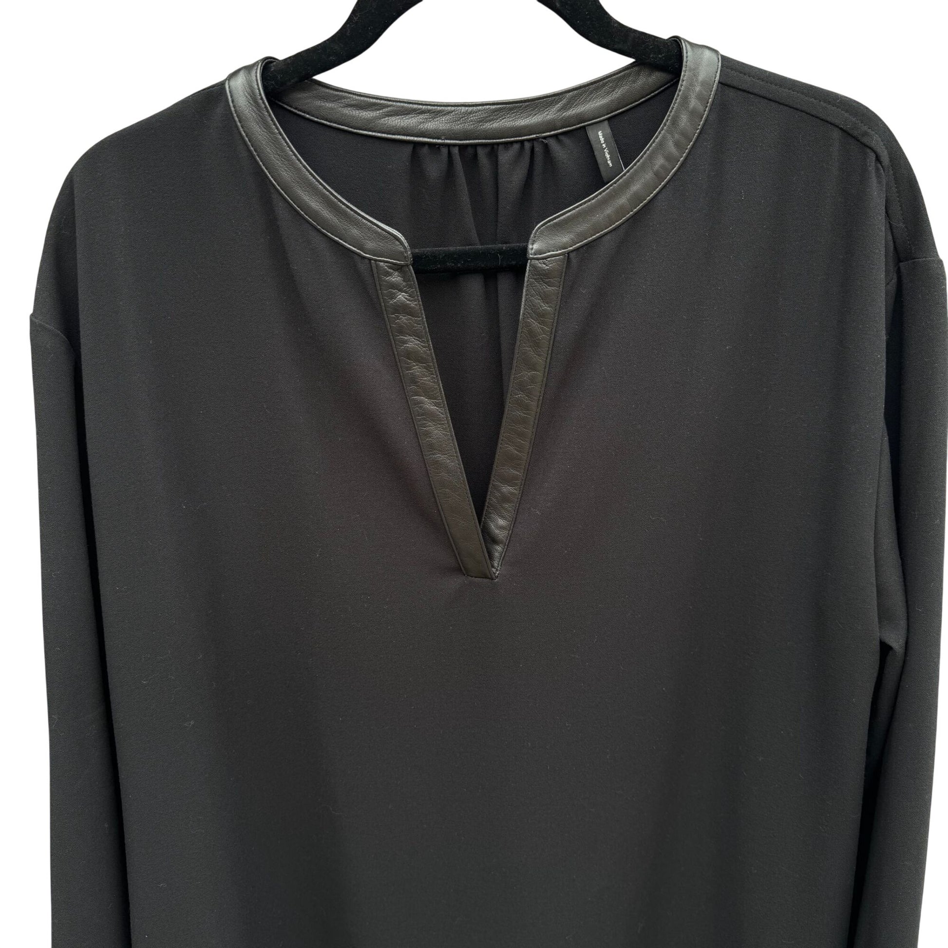 Theory Black Long-Sleeve Popover Dress Lambskin Leather Trim Minimalist Glam XL