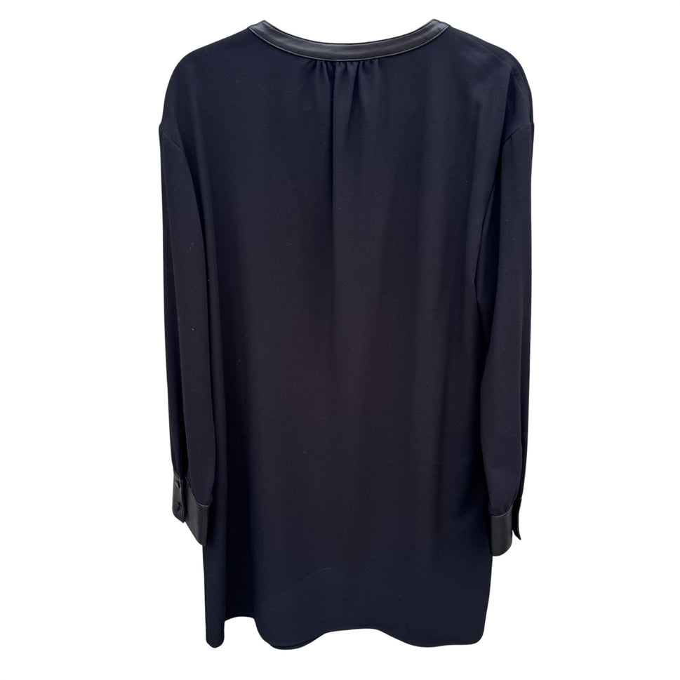 Theory Black Long-Sleeve Popover Dress Lambskin Leather Trim Minimalist Glam XL
