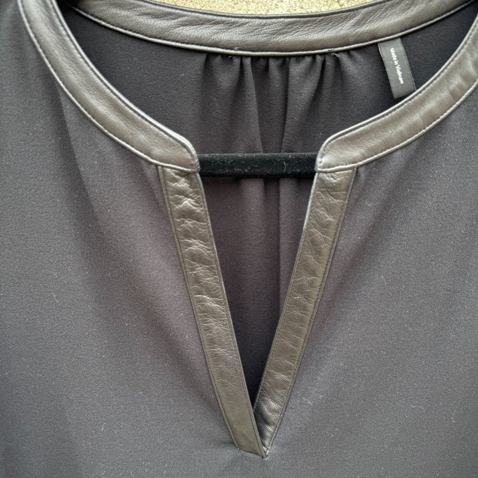 Theory Black Long-Sleeve Popover Dress Lambskin Leather Trim Minimalist Glam XL